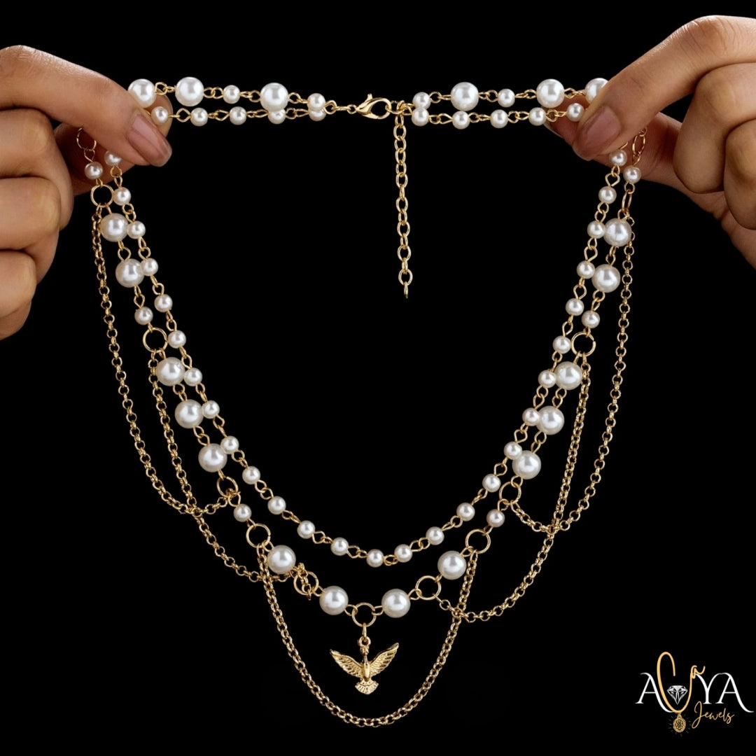Pearls & Bird Necklace Set With Earrings