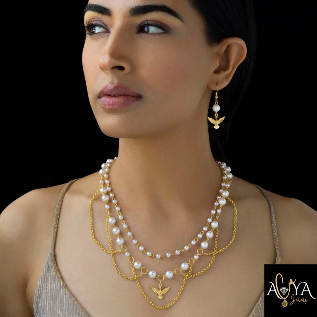Pearls & Bird Necklace Set With Earrings