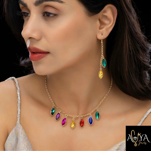 Multicoloured Crystal Necklace Set With Earrings