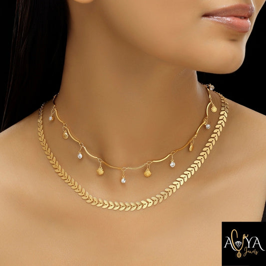 Double Layer Chevron Chain With Shell Charms
