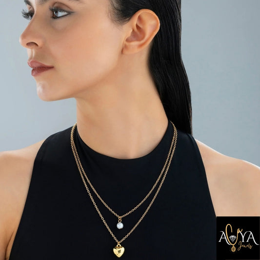 Multilayered Heart & Pearl Necklace