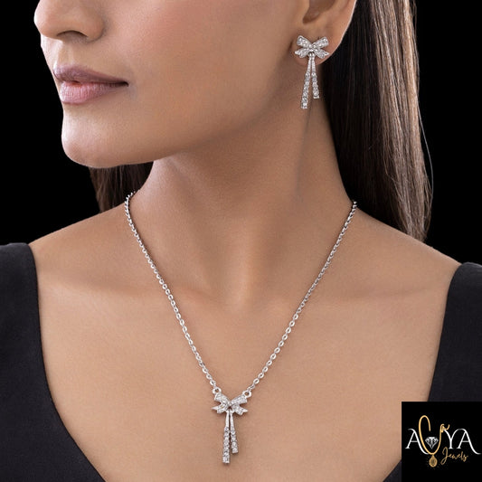 Silver American Diamond-Studded Bow Necklace Set with Earrings