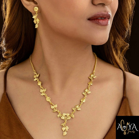 Golden Leaves Necklace Set With Earrings