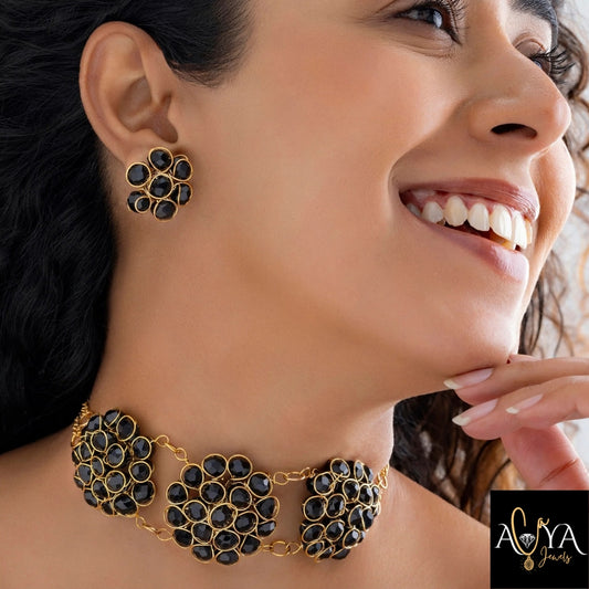 Stunning Black Crystal Beads Gold Choker Necklace Set With Earrings