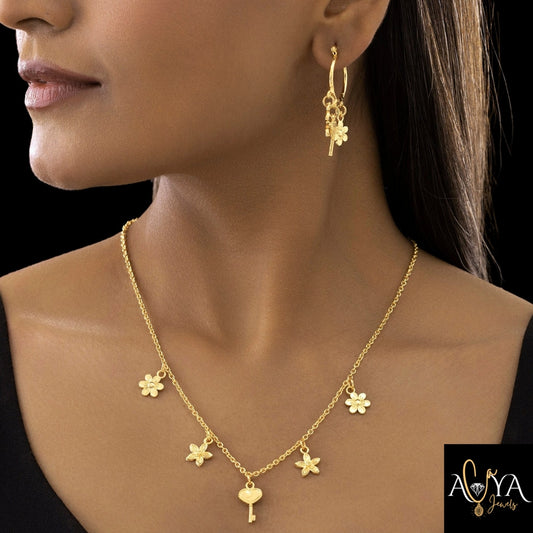 Multi-Charm Chain Necklace with Earrings