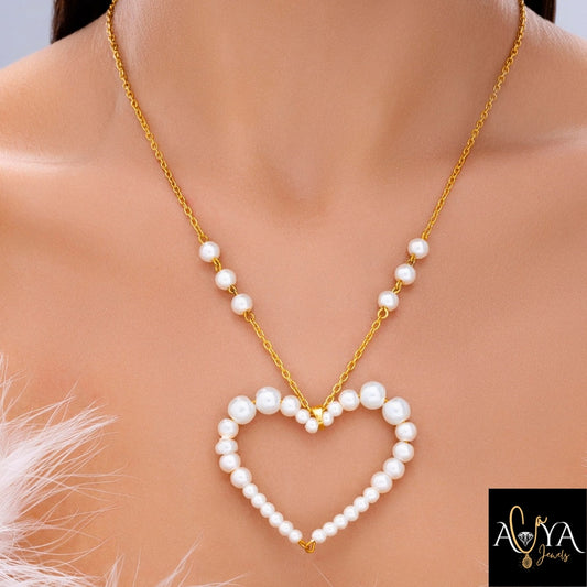Delicate Pearl Hollow Heart Necklace