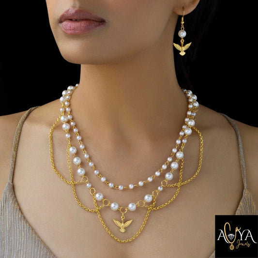 Pearls & Bird Necklace Set With Earrings